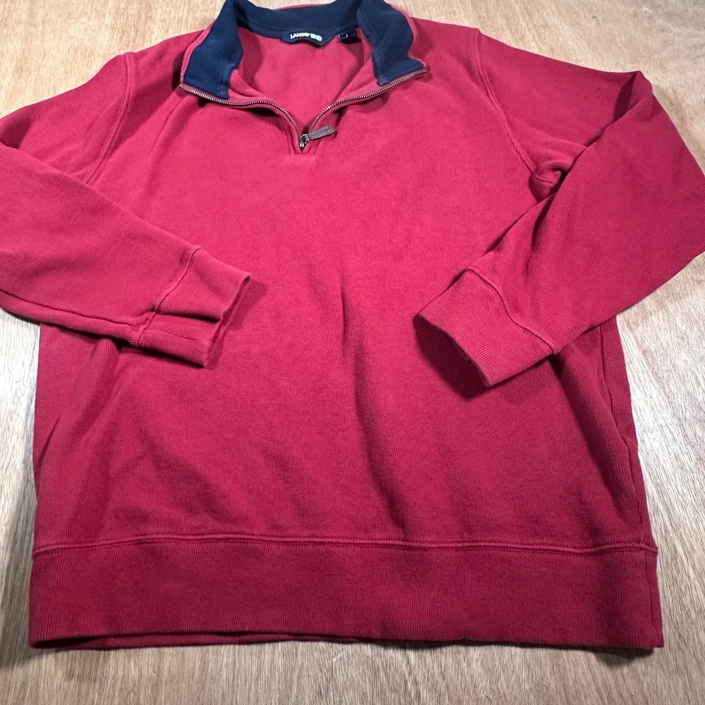Lands End Quarter Zip Sweatshirt Mens L Red Navy Cotton Pullover Casual Preppy